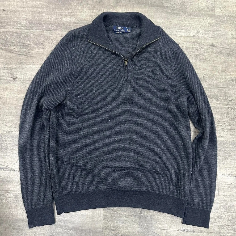 Polo Ralph Lauren Gray Merino Wool Knit Quarter Zip Sweater *small flaw* Size XL